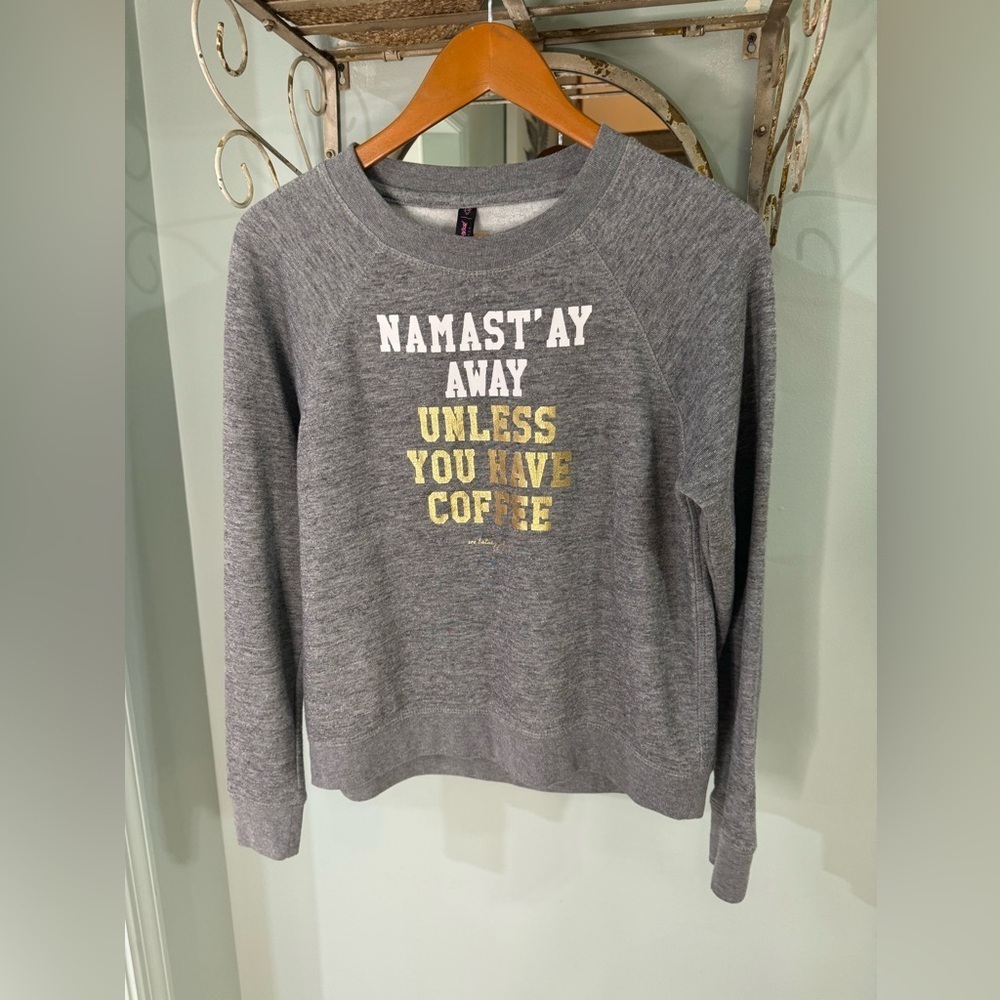 Betsey Johnson, Graphic Heather Gray Sweatshirt, Yoga & Coffee, Pullover, Small